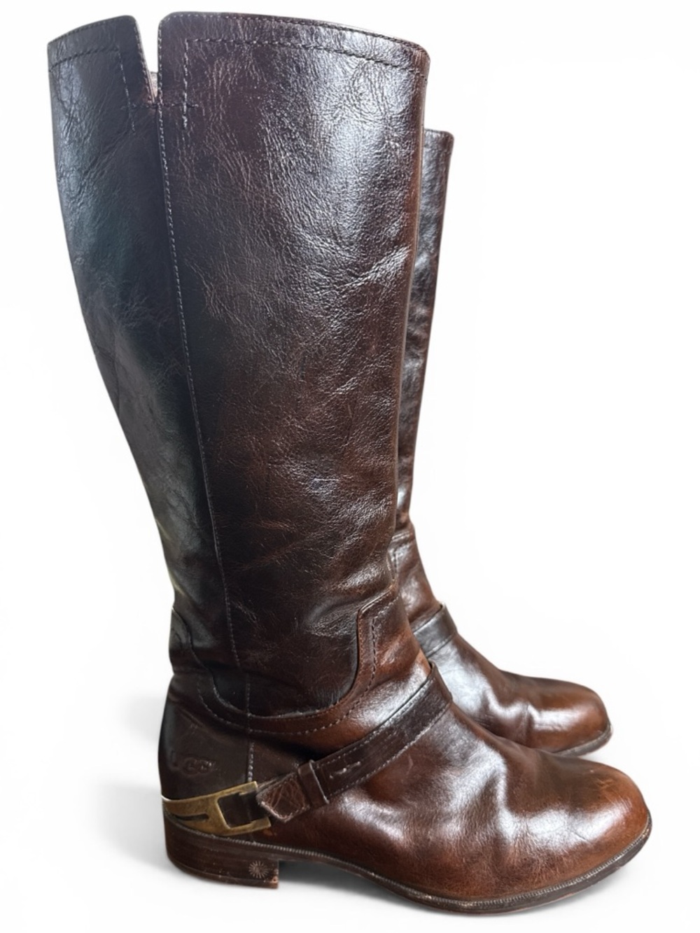 UGG Brown Leather Knee Length 1” Heel Riding Boots Women's Sz US 9 Side Zipper